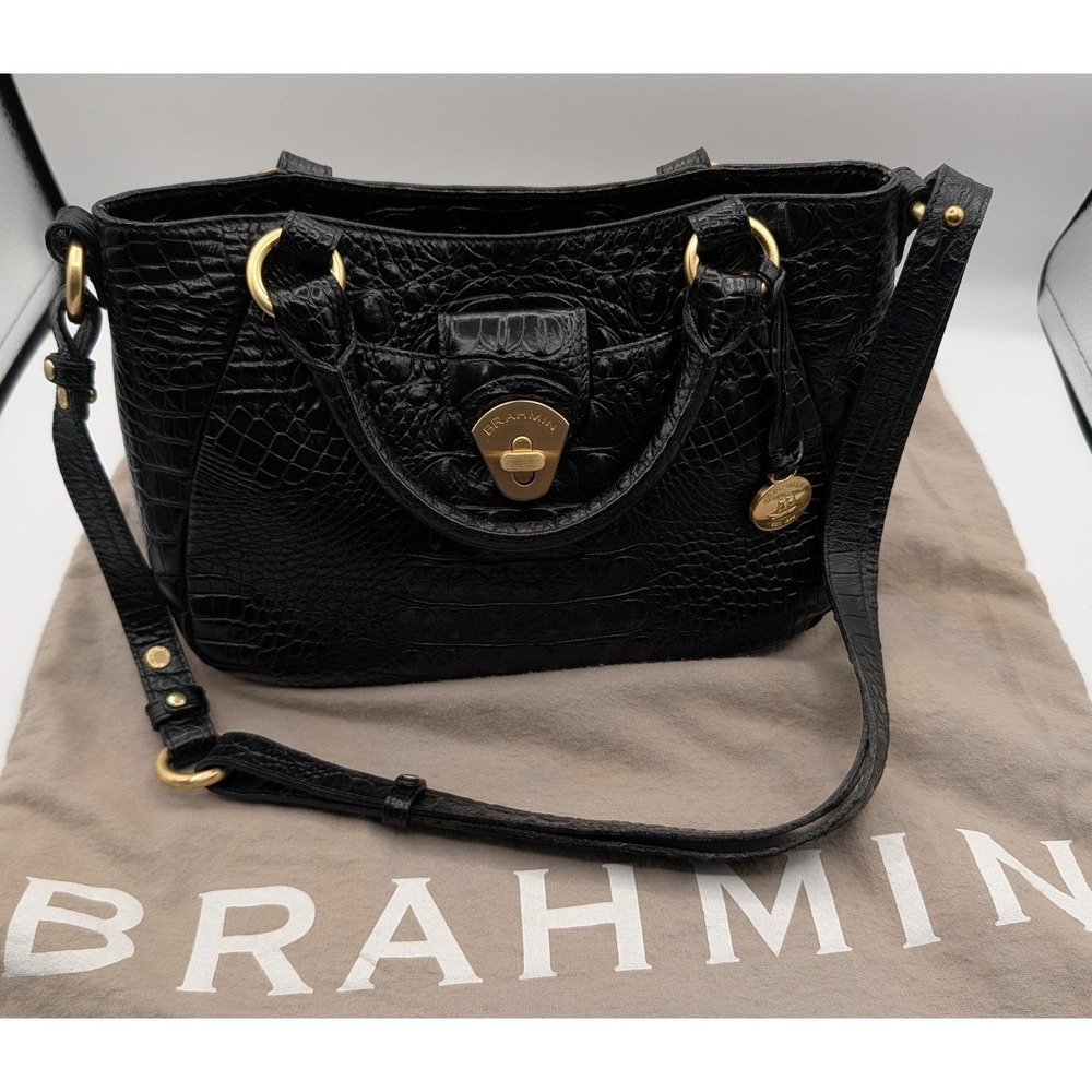 Brahmin Black Croc Embossed Leather Shoulder Bag Gold Tone Hardware Tote